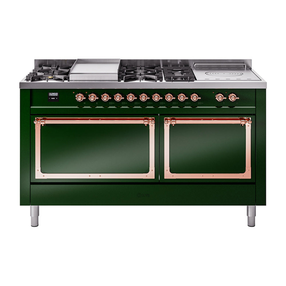 ILVE Nostalgie II Noblesse 60-Inch Propane Dual Fuel Range, 7 Burners, French Top, Emerald Green with Copper Trim (UN60FSQNMPEGPLP)