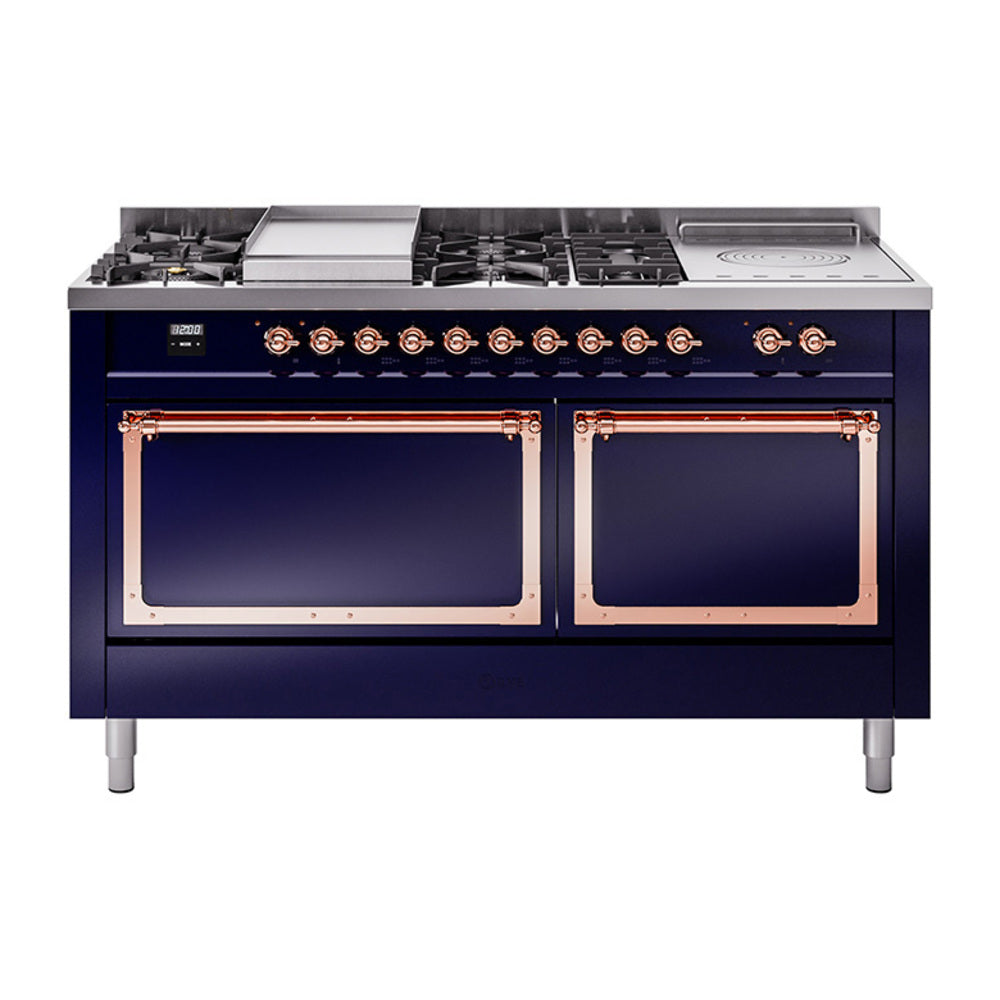 ILVE Nostalgie II Noblesse 60-Inch Natural Gas Dual Fuel Range, 7 Burners, Griddle, French Top, Midnight Blue with Copper Trim (UN60FSQNMPMBP)