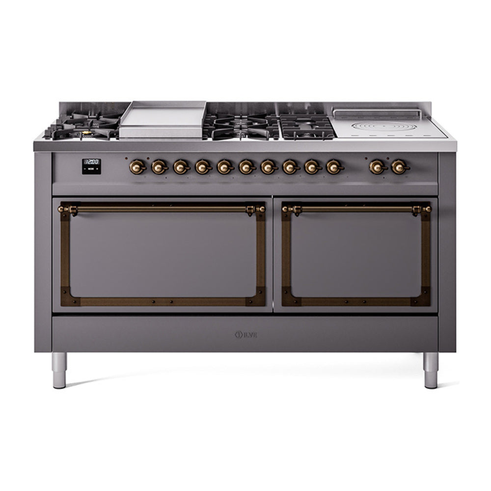 ILVE Nostalgie II Noblesse 60-Inch Propane Dual Fuel Range, 7 Burners, French Top, Matte Graphite with Burnished Bronze Trim (UN60FSQNMPMGBLP)