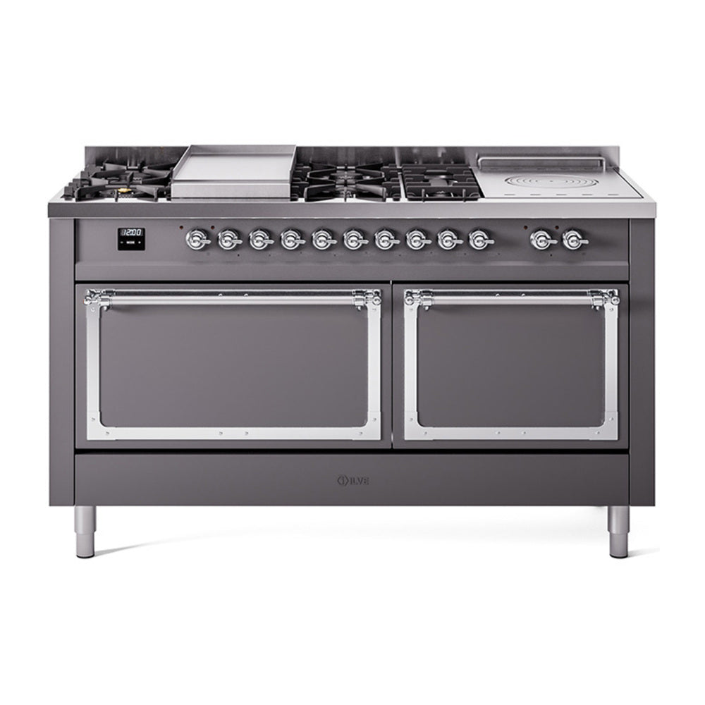ILVE Nostalgie II Noblesse 60-Inch Propane Dual Fuel Range, 7 Burners, French Top, Matte Graphite with Chrome Trim (UN60FSQNMPMGCLP)