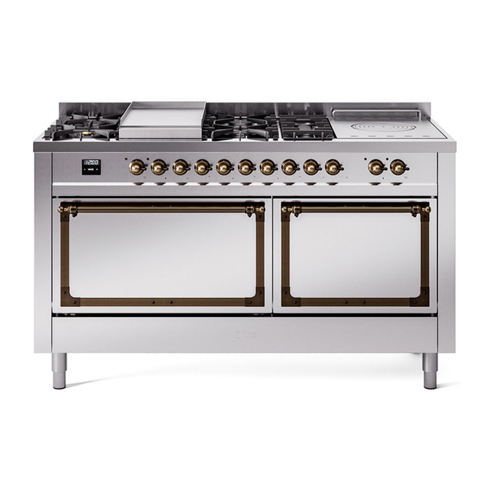 ILVE Nostalgie II Noblesse 60-Inch Propane Dual Fuel Range, 7 Burners, French Top, Stainless Steel with Burnished Bronze Trim (UN60FSQNMPSSBLP)