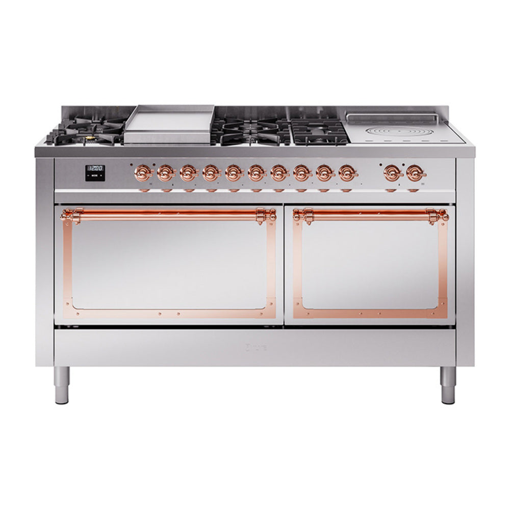 ILVE Nostalgie II Noblesse 60-Inch Natural Gas Dual Fuel Range, 7 Burners, French Top, Stainless Steel with Copper Trim (UN60FSQNMPSSP)