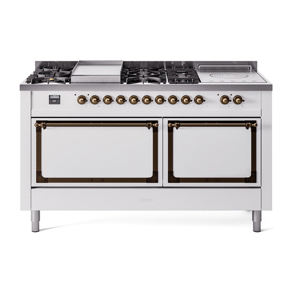 ILVE Nostalgie II Noblesse 60-Inch Propane Dual Fuel Range, 7 Burners, French Top, White with Burnished Bronze Trim (UN60FSQNMPWHBLP)