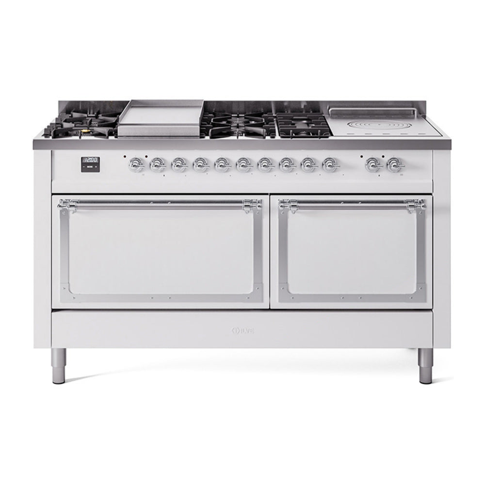 ILVE Nostalgie II Noblesse 60-Inch Propane Dual Fuel Range, 7 Burners, French Top, White with Chrome Trim (UN60FSQNMPWHCLP)