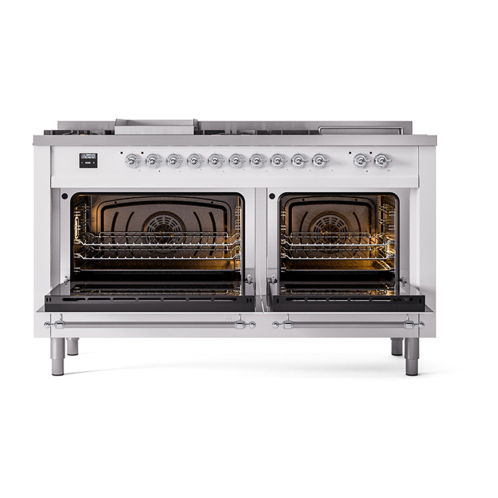 ILVE Nostalgie II Noblesse 60-Inch Propane Dual Fuel Range, 7 Burners, French Top, White with Chrome Trim (UN60FSQNMPWHCLP)