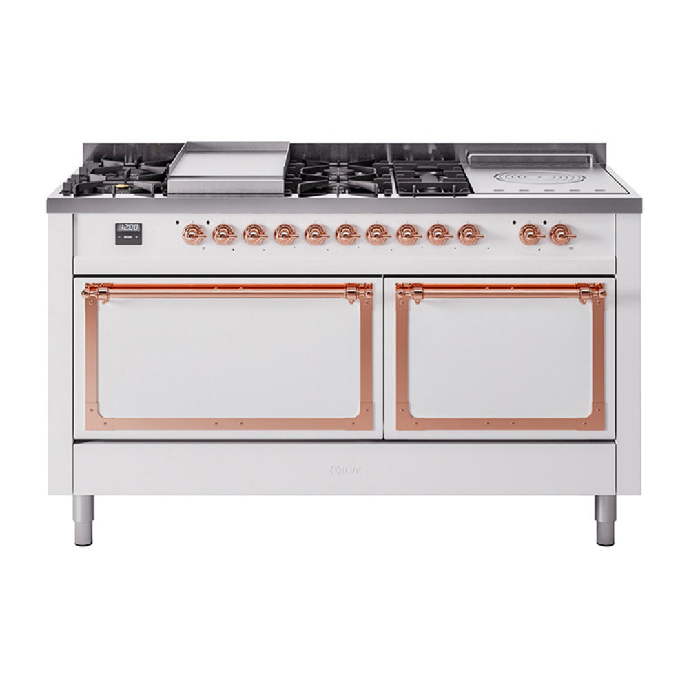 ILVE Nostalgie II Noblesse 60-Inch Natural Gas Dual Fuel Range, 7 Burners, French Top, White with Copper Trim (UN60FSQNMPWHP)