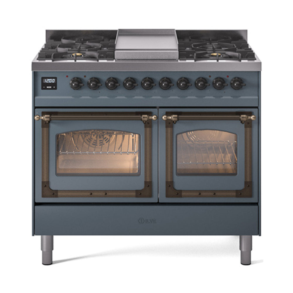 ILVE Nostalgie II Noblesse 40-Inch Propane Dual Fuel Range, Triple Glass Door, Blue Grey with Burnished Bronze Trim (UND40FNMPBGBLP)
