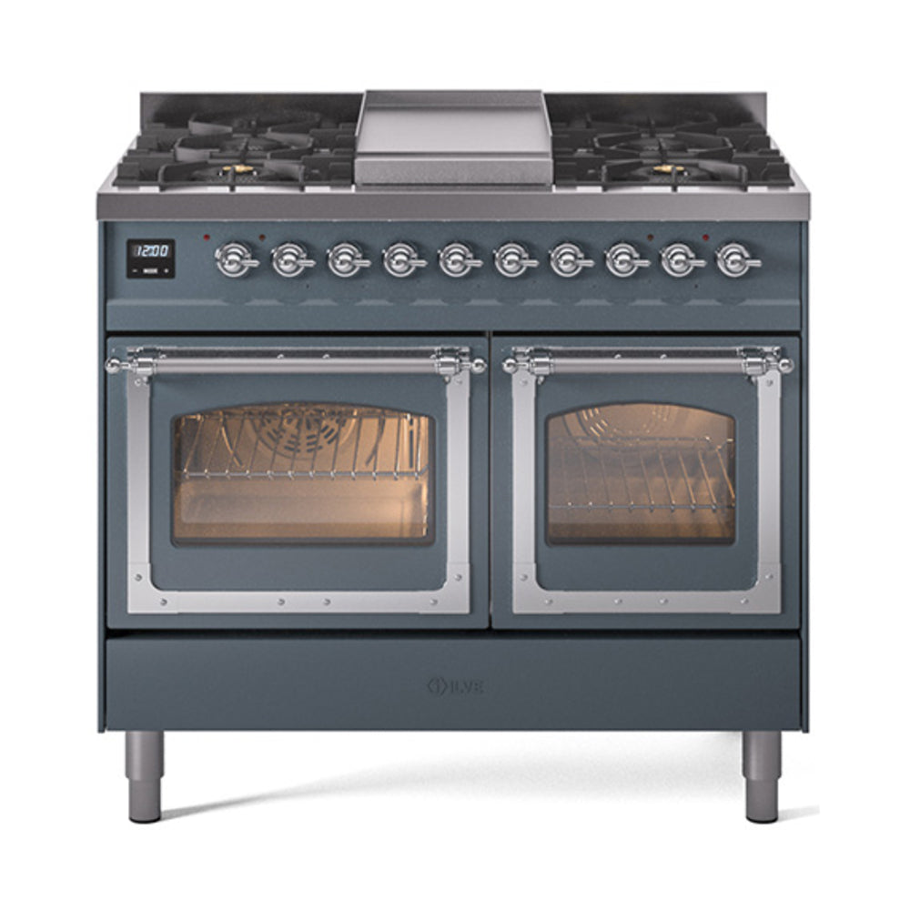 ILVE Nostalgie II Noblesse 40-Inch Propane Dual Fuel Range, Triple Glass Door, Blue Grey with Chrome Trim (UND40FNMPBGCLP)