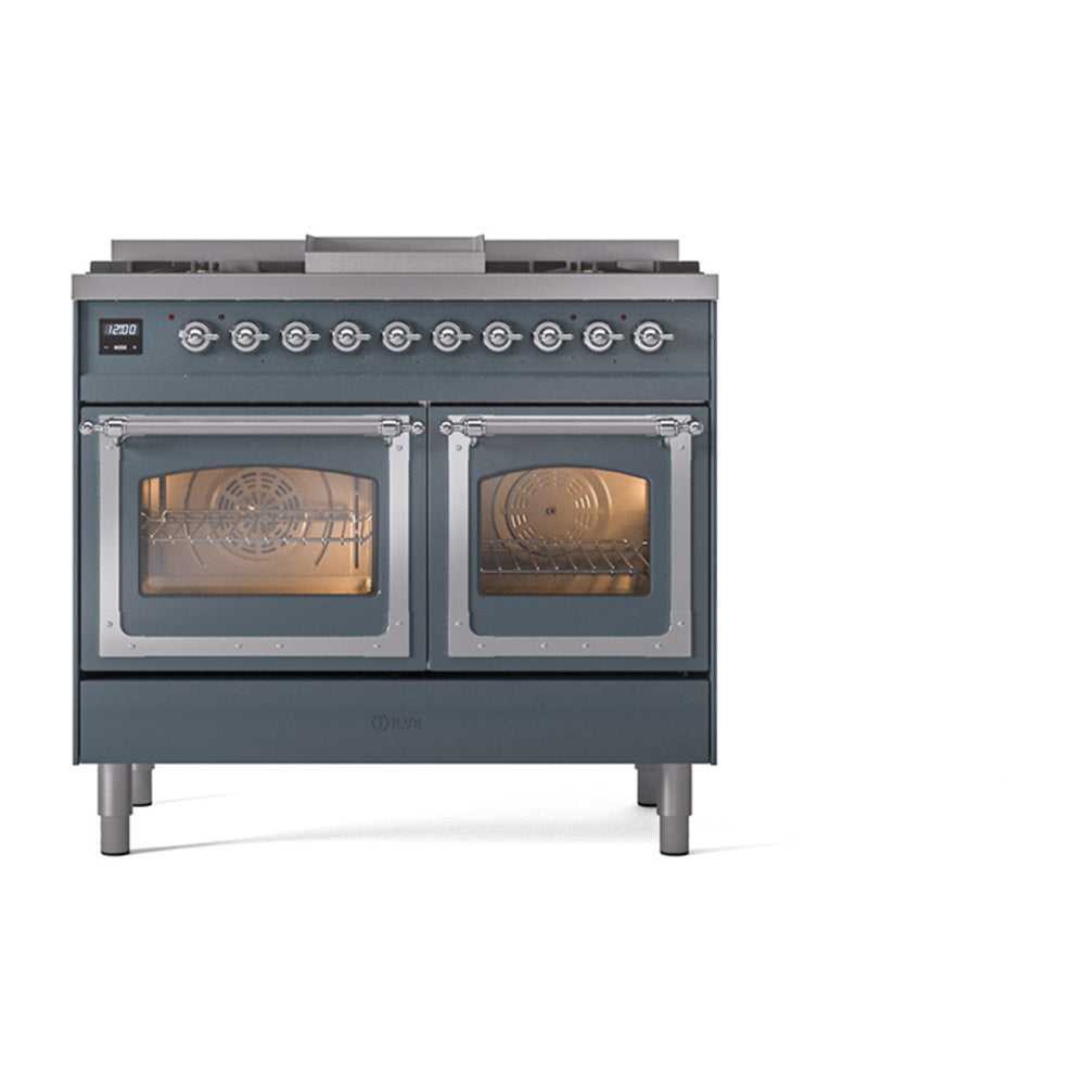 ILVE Nostalgie II Noblesse 40-Inch Natural Gas Dual Fuel Range, Triple Glass Door, Blue Grey with Chrome Trim (UND40FNMPBGC)