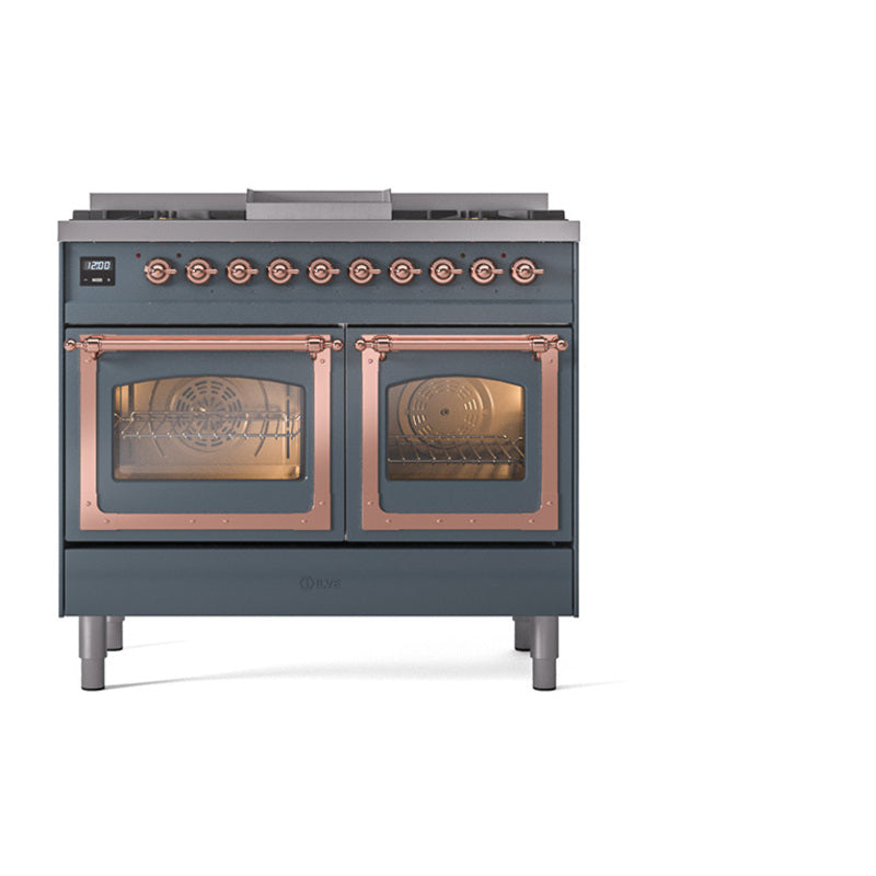 ILVE Nostalgie II Noblesse 40-Inch Propane Dual Fuel Range, Triple Glass Door, Blue Grey with Copper Trim (UND40FNMPBGPLP)