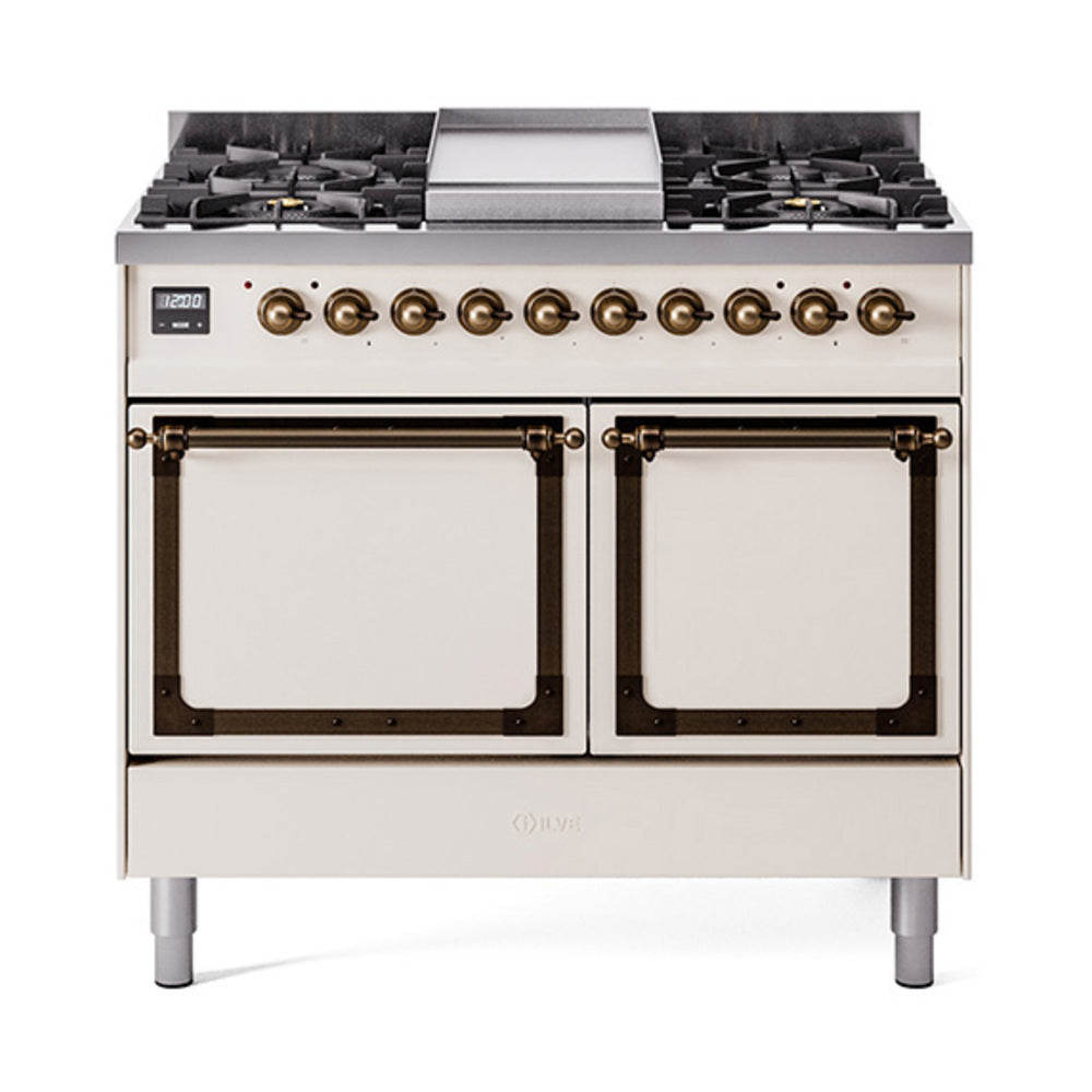 ILVE Nostalgie II Noblesse 40-Inch Natural Gas Dual Fuel Range, Solid Door, Antique White with Bronze Trim (UND40FQNMPAWB)