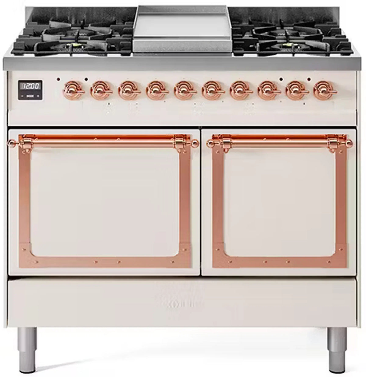 ILVE Nostalgie II Noblesse 40-Inch Natural Gas Dual Fuel Range, Solid Door, Antique White with Copper Trim (UND40FQNMPAWP)