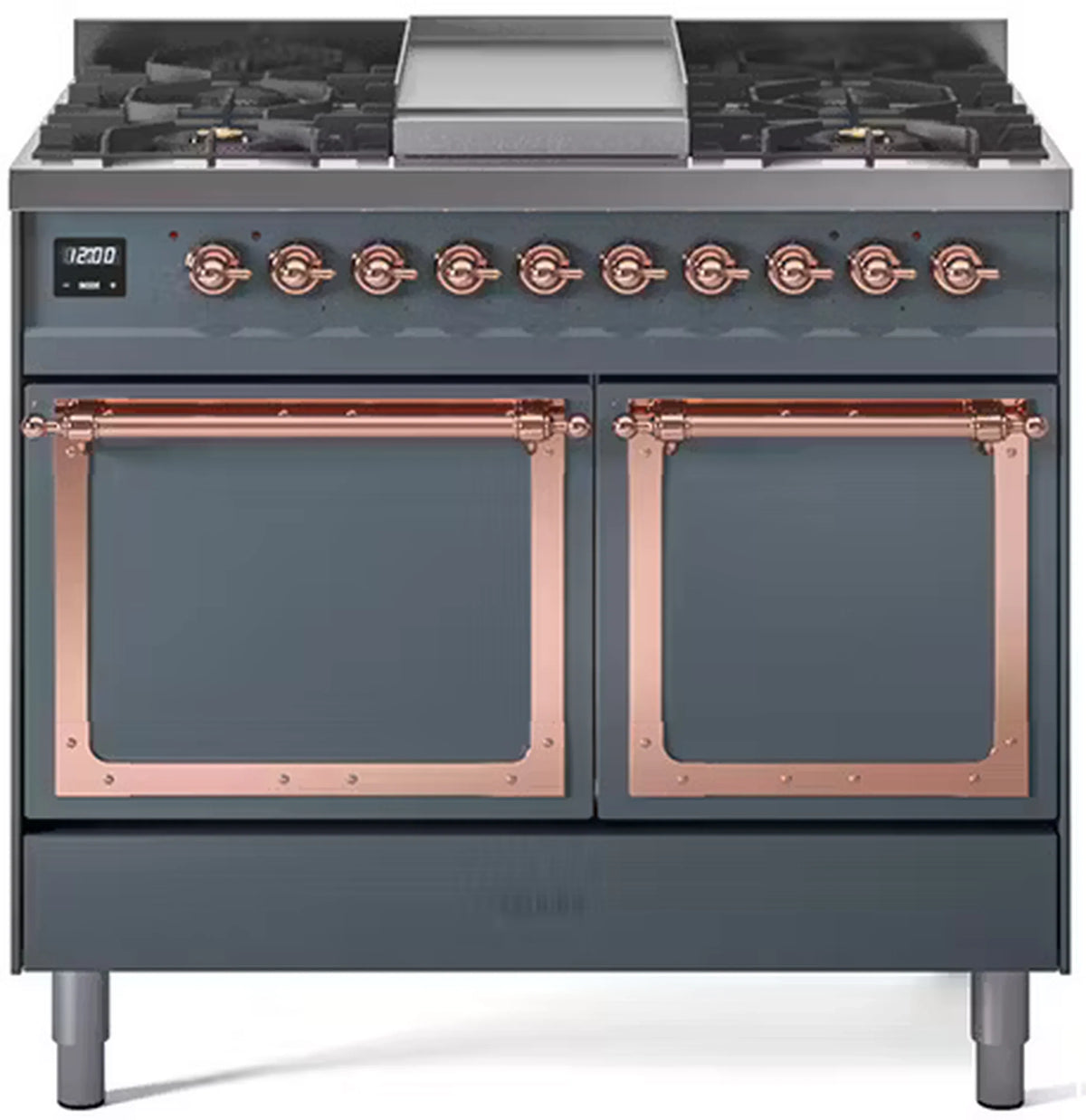 ILVE Nostalgie II Noblesse 40-Inch Natural Gas Dual Fuel Range, Solid Door, Blue Grey with Copper Trim (UND40FQNMPBGP)