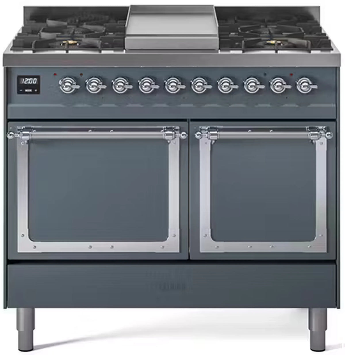 ILVE Nostalgie II Noblesse 40-Inch Natural Gas Dual Fuel Range, Solid Door, Blue Grey with Chrome Trim (UND40FQNMPBGC)