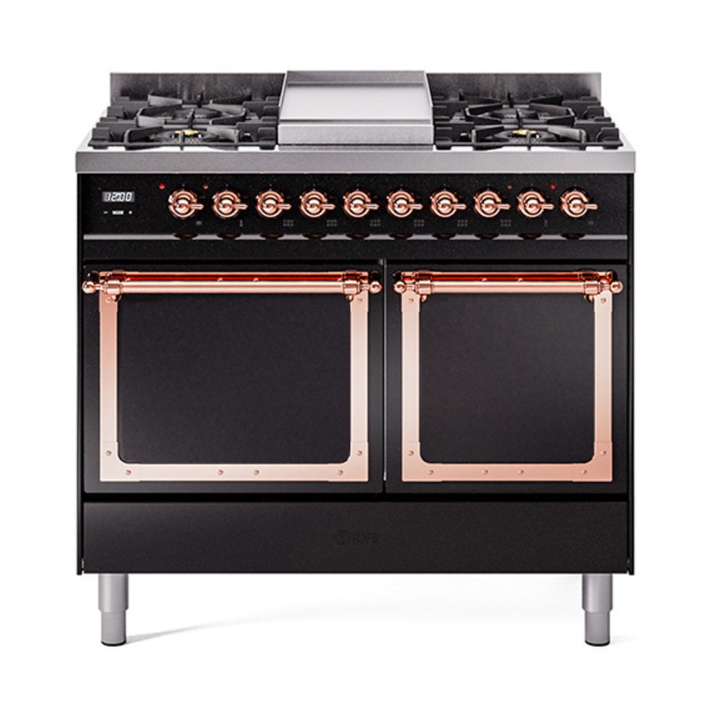 ILVE Nostalgie II Noblesse 40-Inch Propane Dual Fuel Range, Solid Door, Glossy Black with Copper Trim (UND40FQNMPBKPLP)