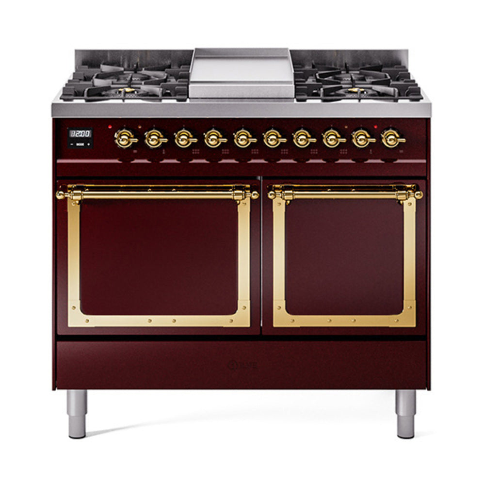 ILVE Nostalgie II Noblesse 40-Inch Natural Gas Dual Fuel Range, Solid Door, Burgundy with Brass Trim (UND40FQNMPBUG)