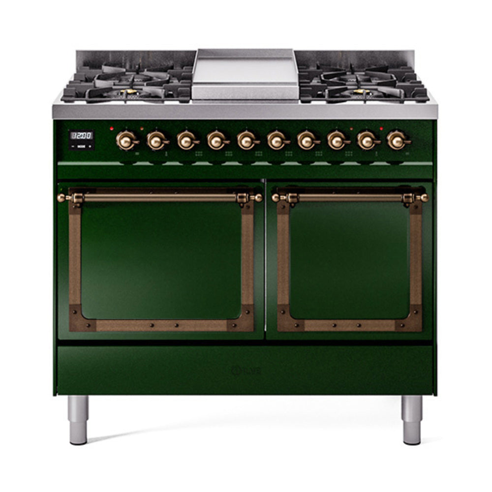 ILVE Nostalgie II Noblesse 40-Inch Propane Dual Fuel Range, Solid Door, Emerald Green with Burnished Bronze Trim (UND40FQNMPEGBLP)