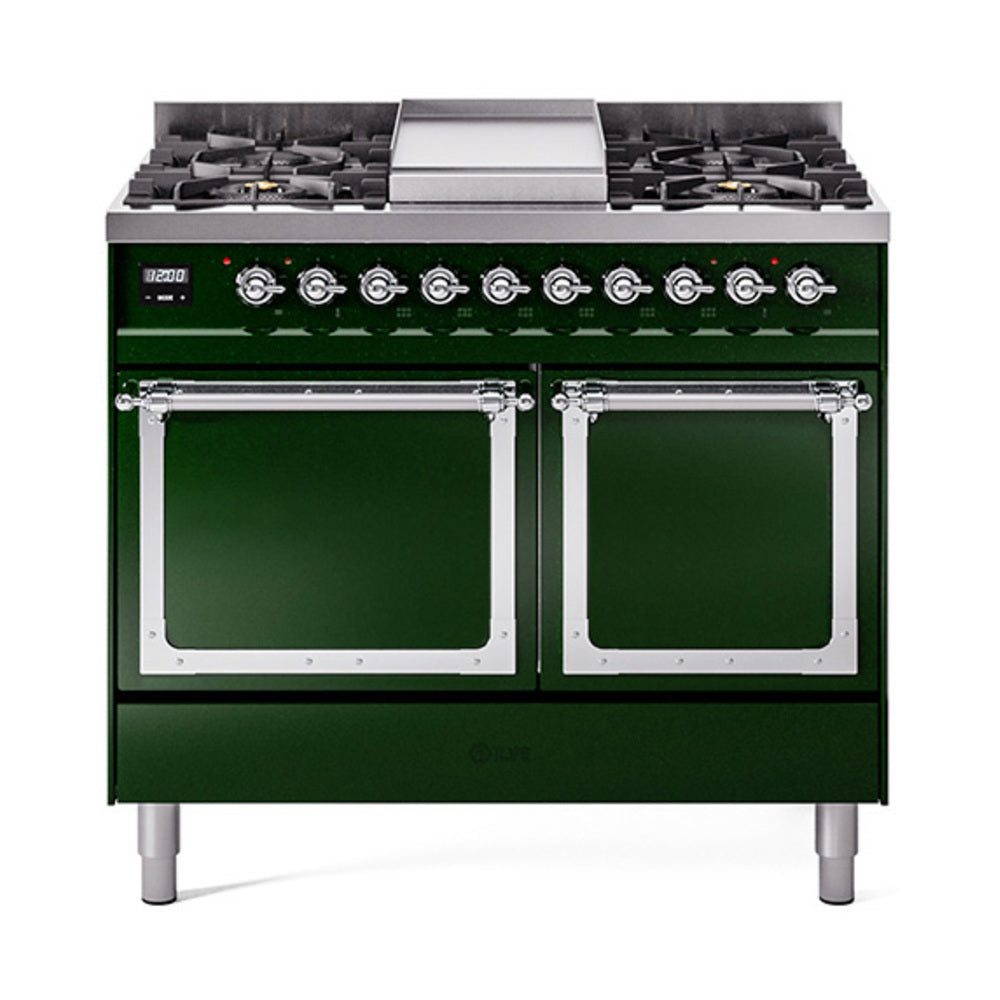 ILVE Nostalgie II Noblesse 40-Inch Propane Dual Fuel Range, Solid Door, Emerald Green with Chrome Trim (UND40FQNMPEGCLP)