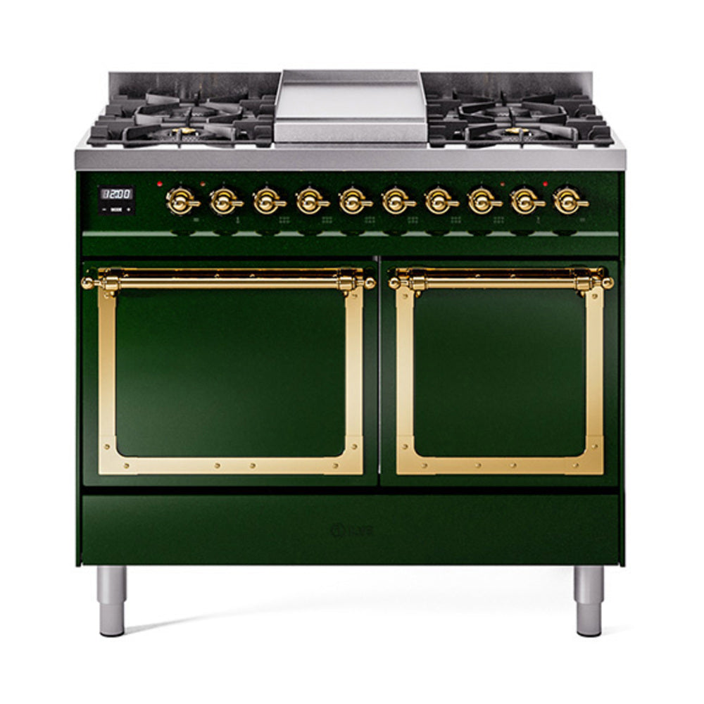 ILVE Nostalgie II Noblesse 40-Inch Propane Dual Fuel Range, Solid Door, Emerald Green with Brass Trim (UND40FQNMPEGGLP)