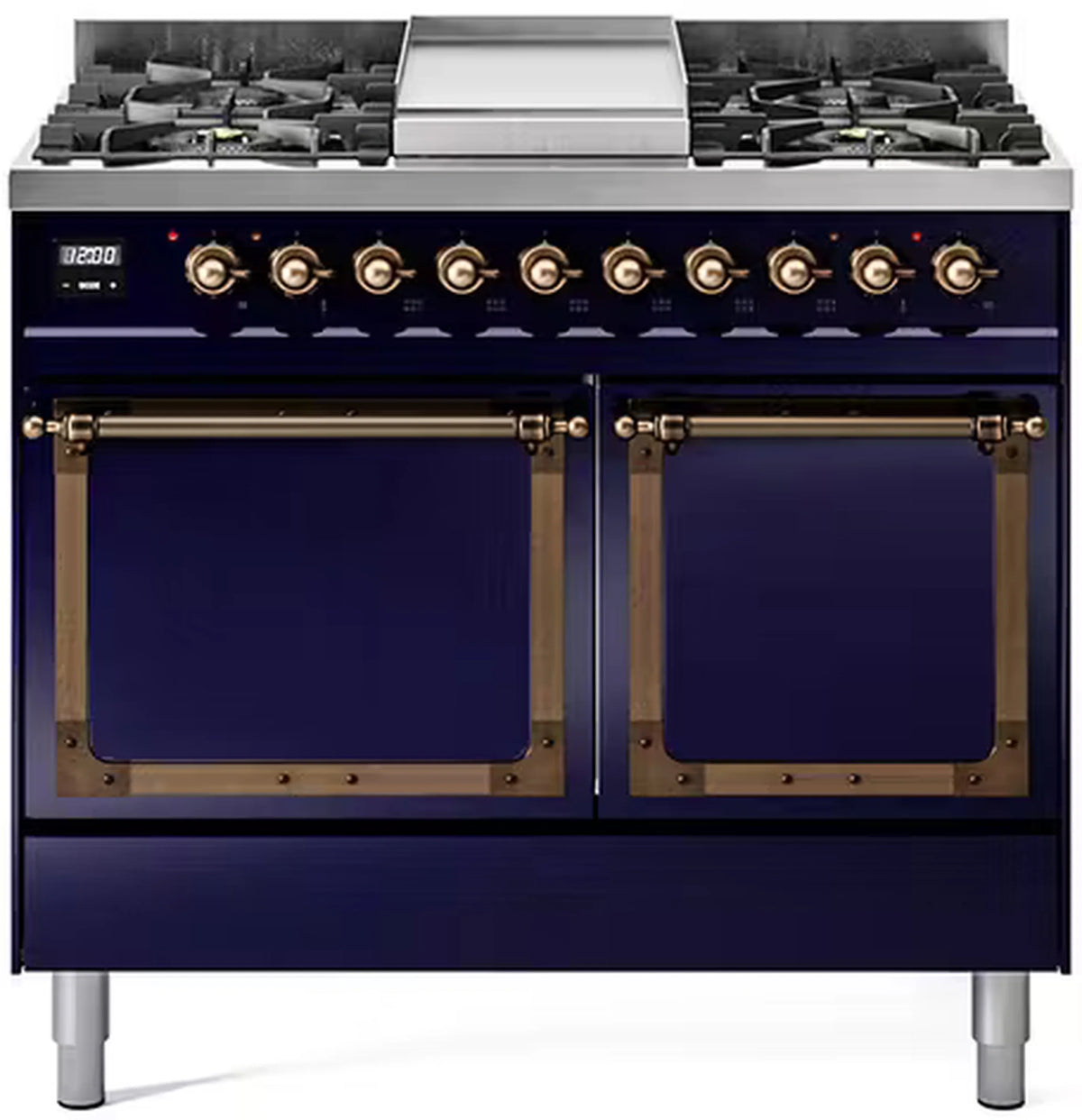 ILVE Nostalgie II Noblesse 40-Inch Propane Dual Fuel Range, Solid Door, Midnight Blue with Burnished Bronze Trim (UND40FQNMPMBBLP)