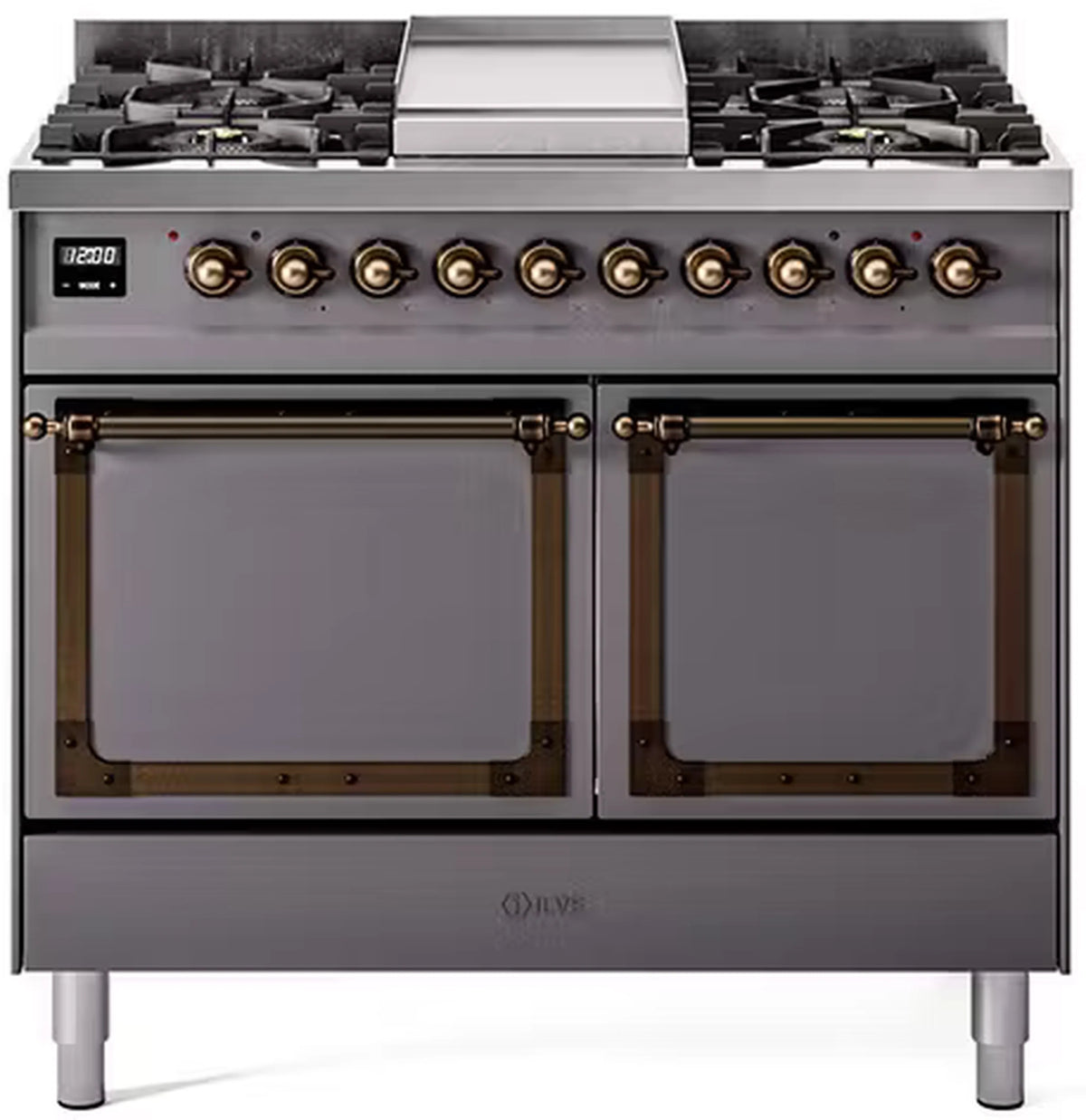 ILVE Nostalgie II Noblesse 40-Inch Propane Dual Fuel Range, Solid Door, Matte Graphite with Burnished Bronze Trim (UND40FQNMPMGBLP)