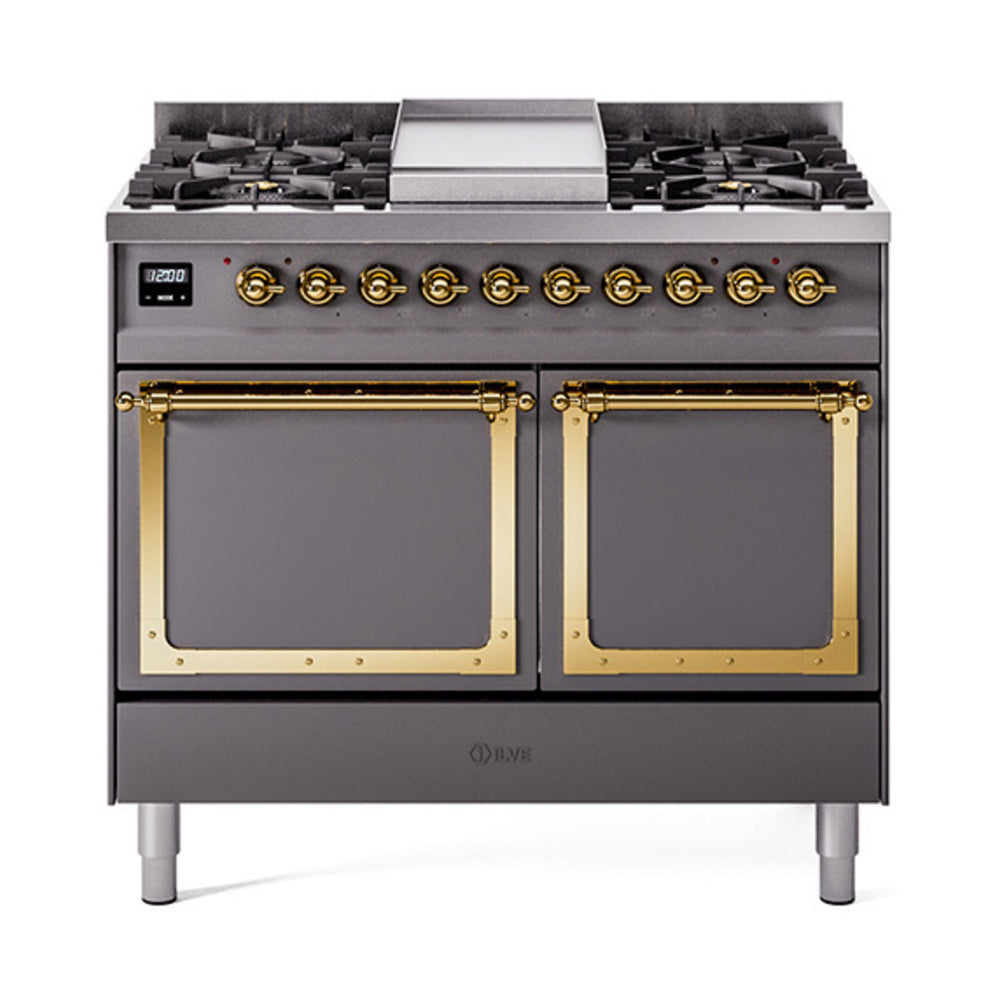 ILVE Nostalgie II Noblesse 40-Inch Natural Gas Dual Fuel Range, Solid Door, Matte Graphite with Brass Trim (UND40FQNMPMGG)