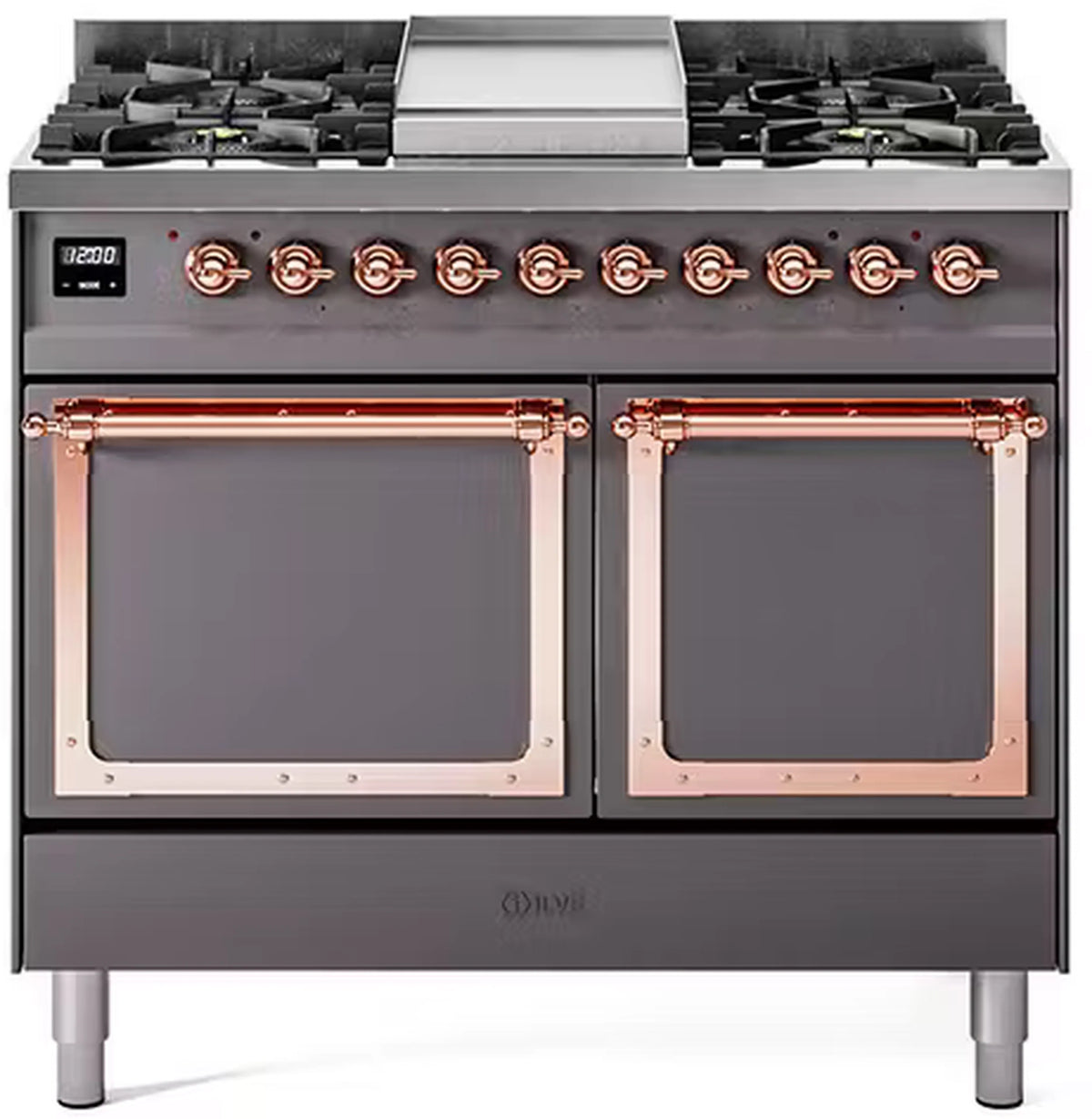 ILVE Nostalgie II Noblesse 40-Inch Propane Dual Fuel Range, Solid Door, Matte Graphite with Copper Trim (UND40FQNMPMGPLP)