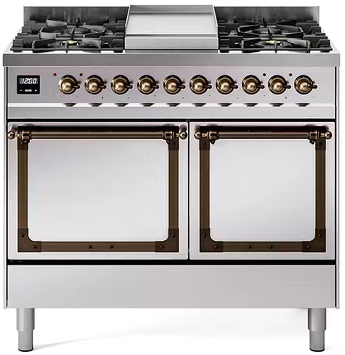 ILVE Nostalgie II Noblesse 40-Inch Natural Gas Dual Fuel Range, Solid Door, Stainless Steel with Bronze Trim (UND40FQNMPSSB)