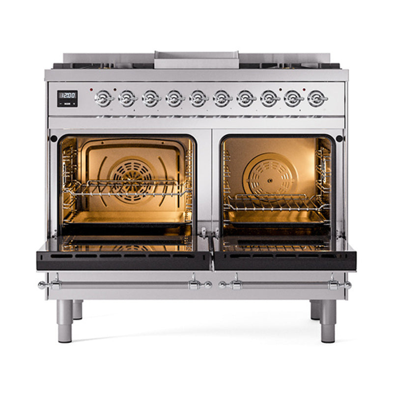 ILVE Nostalgie II Noblesse 40-Inch Natural Gas Dual Fuel Range, Solid Door, Stainless Steel with Chrome Trim (UND40FQNMPSSC)