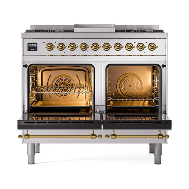 ILVE Nostalgie II Noblesse 40-Inch Propane Dual Fuel Range, Solid Door, Stainless Steel with Brass Trim (UND40FQNMPSSGLP)