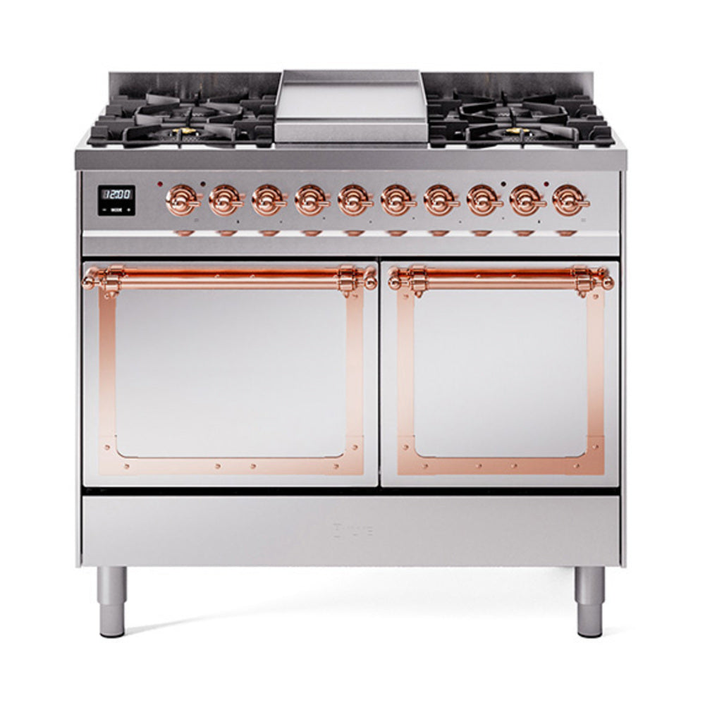 ILVE Nostalgie II Noblesse 40-Inch Propane Dual Fuel Range, Solid Door, Stainless Steel with Copper Trim (UND40FQNMPSSPLP)