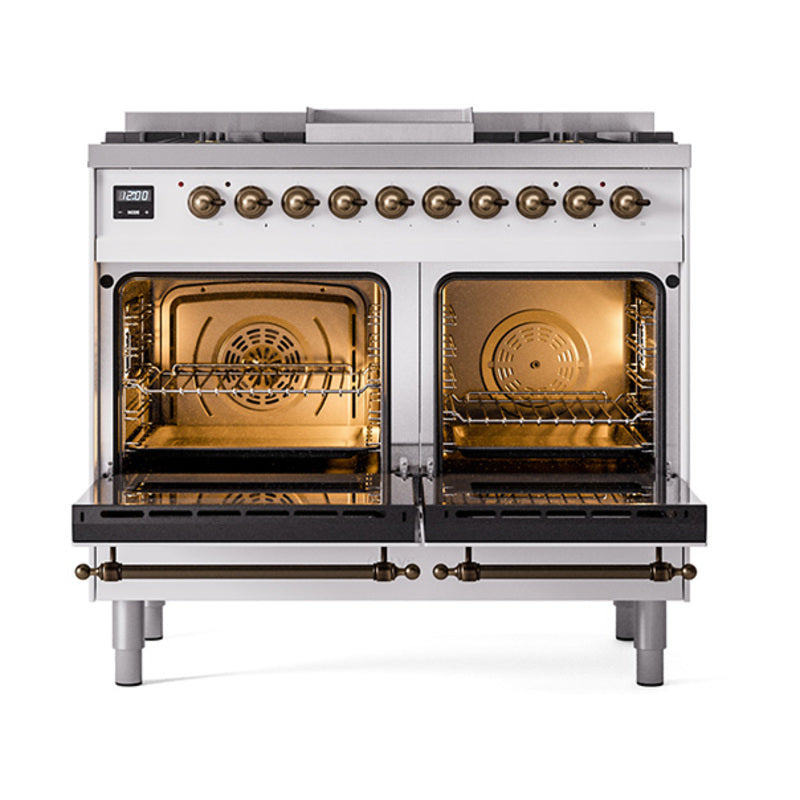 ILVE Nostalgie II Noblesse 40-Inch Natural Gas Dual Fuel Range, Solid Door, White with Bronze Trim (UND40FQNMPWHB)