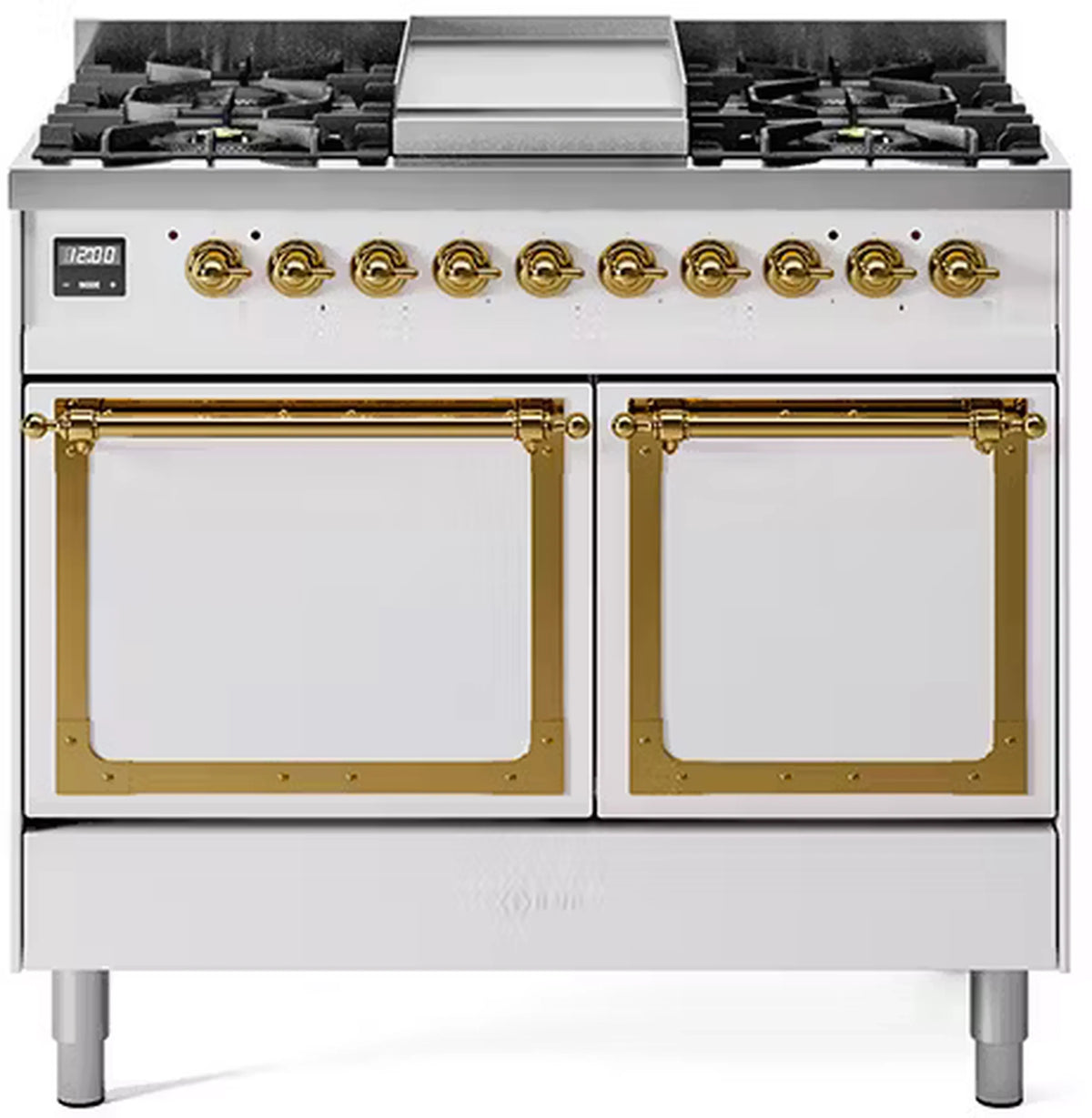 ILVE Nostalgie II Noblesse 40-Inch Propane Dual Fuel Range, Solid Door, White with Brass Trim (UND40FQNMPWHGLP)