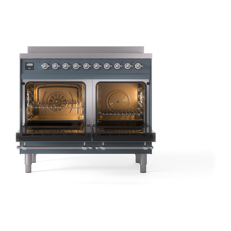 ILVE Nostalgie II Noblesse 40-Inch Induction Range, Solid Door Oven, Blue Grey with Chrome Trim (UNDI406QNMPBGC)