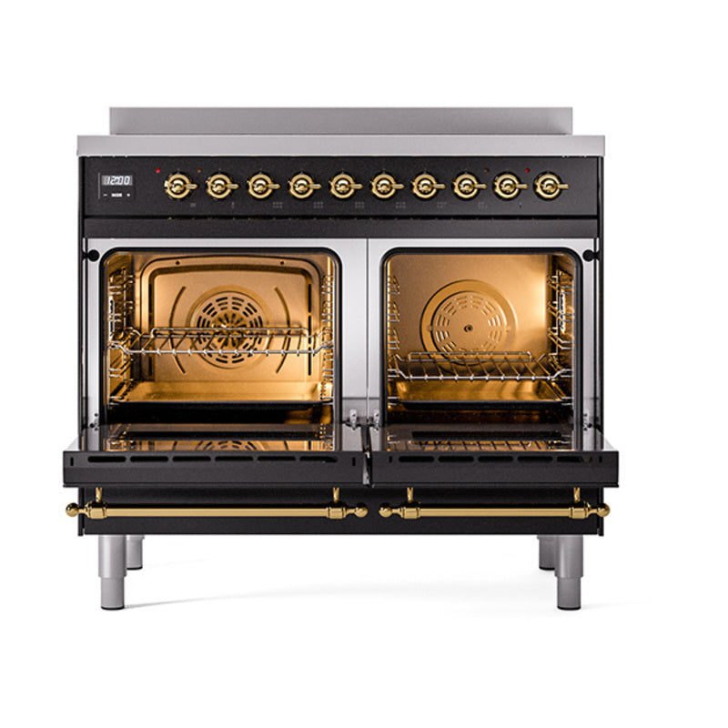 ILVE Nostalgie II Noblesse 40-Inch Induction Range, Solid Door Oven, Glossy Black with Brass Trim (UNDI406QNMPBKG)