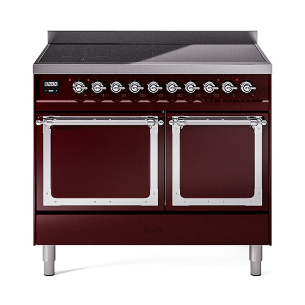 ILVE Nostalgie II Noblesse 40-Inch Induction Range, Solid Door Oven, Burgundy with Chrome Trim (UNDI406QNMPBUC)