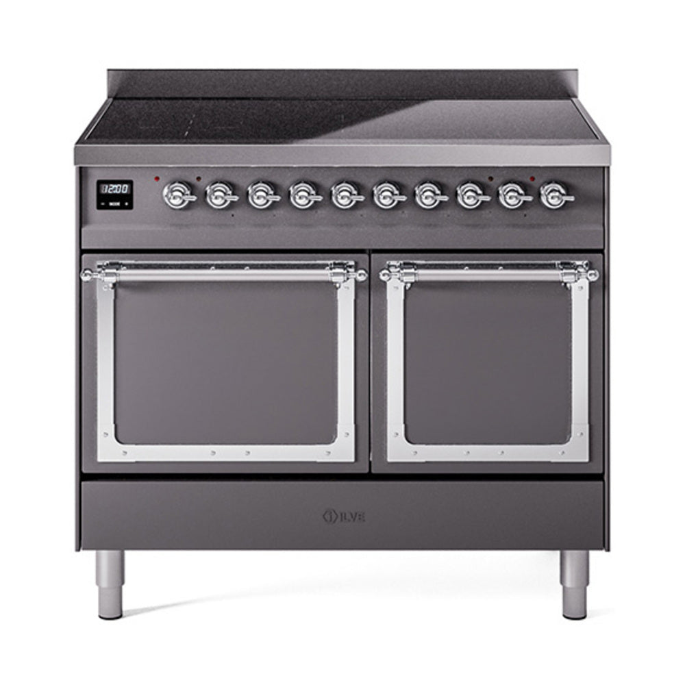 ILVE Nostalgie II Noblesse 40-Inch Induction Range, Solid Door Oven, Matte Graphite with Chrome Trim (UNDI406QNMPMGC)