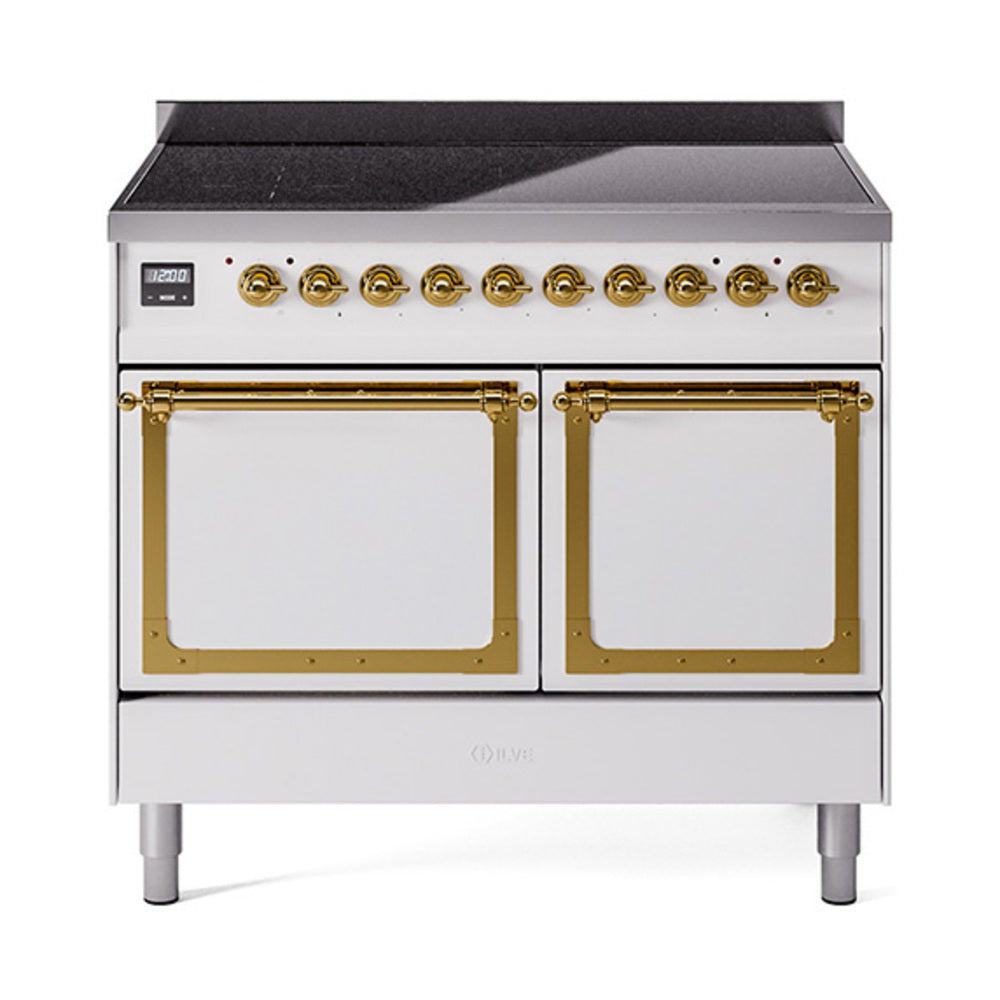 ILVE Nostalgie II Noblesse 40-Inch Induction Range, Solid Door Oven, White with Brass Trim (UNDI406QNMPWHG)