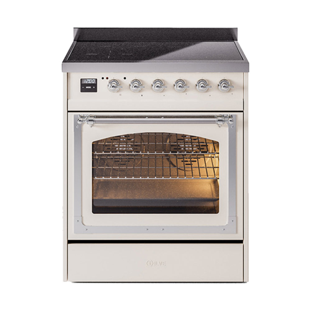 ILVE Nostalgie II Noblesse 30-Inch Induction Range, Triple Glass Door Oven, Antique White with Chrome Trim (UNI304NMPAWC)