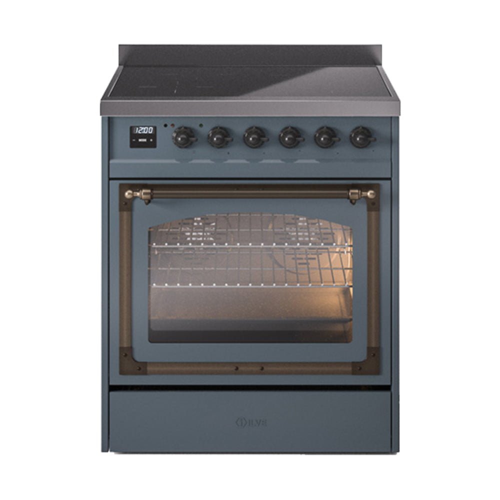 ILVE Nostalgie II Noblesse 30-Inch Induction Range, Triple Glass Door Oven, Blue Grey with Burnished Bronze Trim (UNI304NMPBGB)