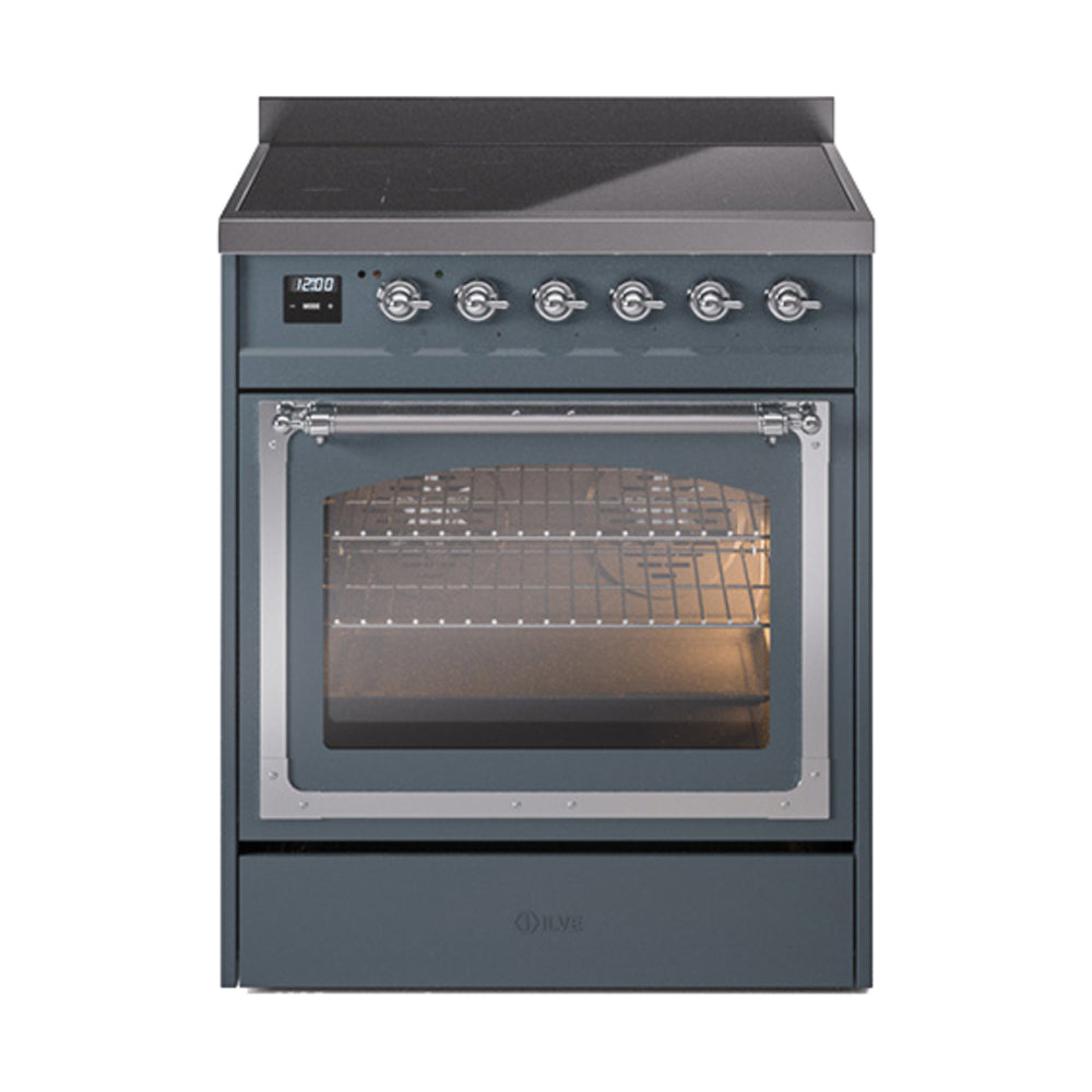 ILVE Nostalgie II Noblesse 30-Inch Induction Range, Triple Glass Door Oven, Blue Grey with Chrome Trim (UNI304NMPBGC)