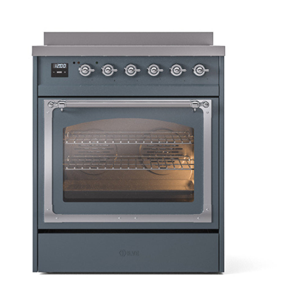 ILVE Nostalgie II Noblesse 30-Inch Induction Range, Triple Glass Door Oven, Blue Grey with Chrome Trim (UNI304NMPBGC)