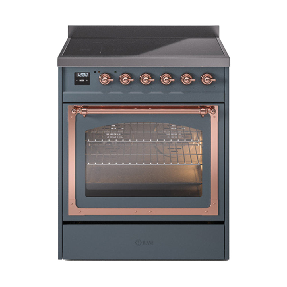 ILVE Nostalgie II Noblesse 30-Inch Induction Range, Triple Glass Door Oven, Blue Grey with Copper Trim (UNI304NMPBGP)