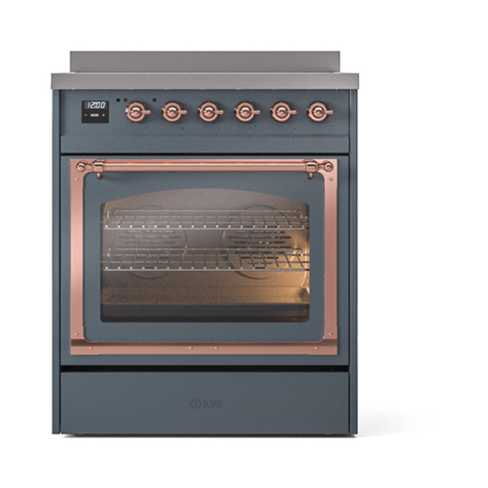ILVE Nostalgie II Noblesse 30-Inch Induction Range, Triple Glass Door Oven, Blue Grey with Copper Trim (UNI304NMPBGP)