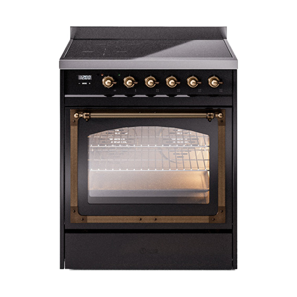ILVE Nostalgie II Noblesse 30-Inch Induction Range, Triple Glass Door Oven, Glossy Black with Burnished Bronze Trim (UNI304NMPBKB)