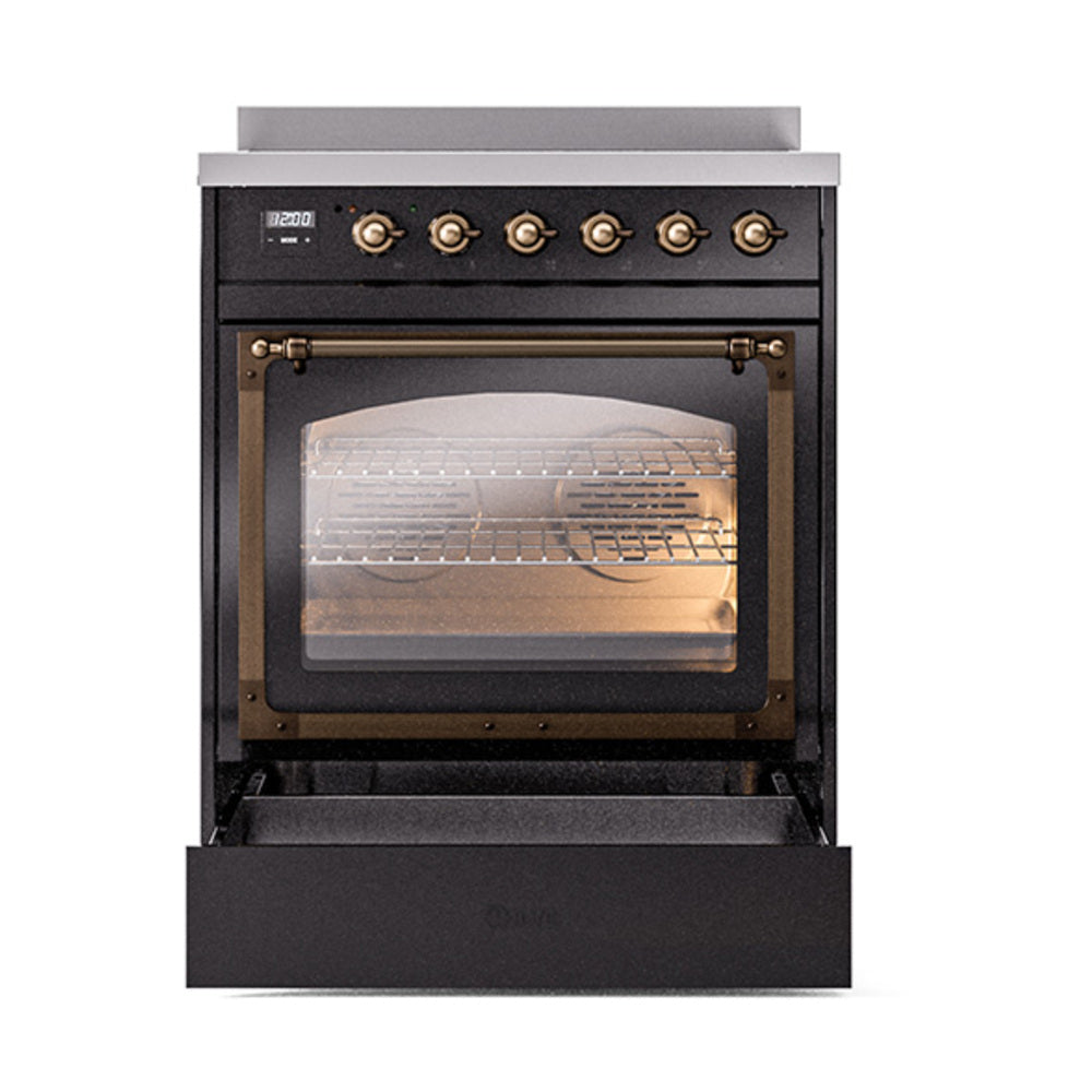 ILVE Nostalgie II Noblesse 30-Inch Induction Range, Triple Glass Door Oven, Glossy Black with Burnished Bronze Trim (UNI304NMPBKB)