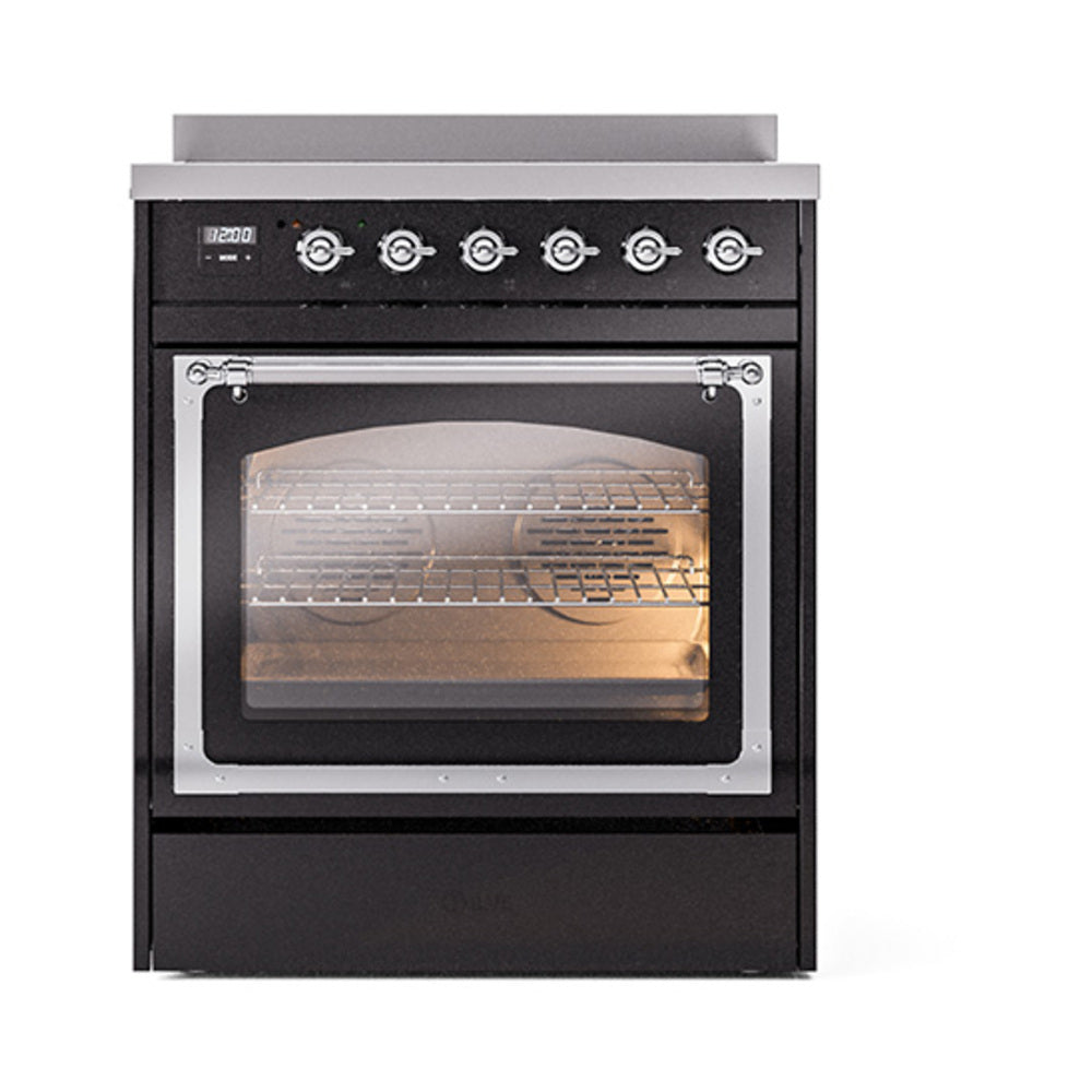 ILVE Nostalgie II Noblesse 30-Inch Induction Range, Triple Glass Door Oven, Glossy Black with Chrome Trim (UNI304NMPBKC)