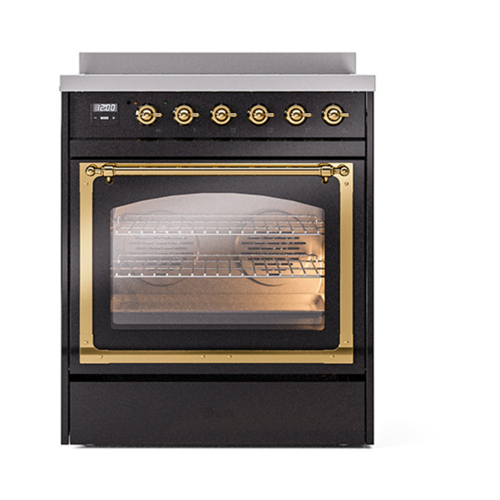 ILVE Nostalgie II Noblesse 30-Inch Induction Range, Triple Glass Door Oven, Glossy Black with Brass Trim (UNI304NMPBKG)