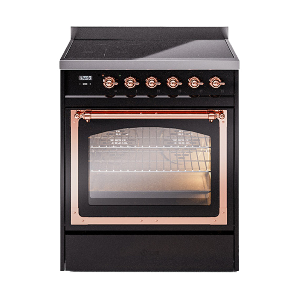 ILVE Nostalgie II Noblesse 30-Inch Induction Range, Triple Glass Door Oven, Glossy Black with Copper Trim (UNI304NMPBKP)