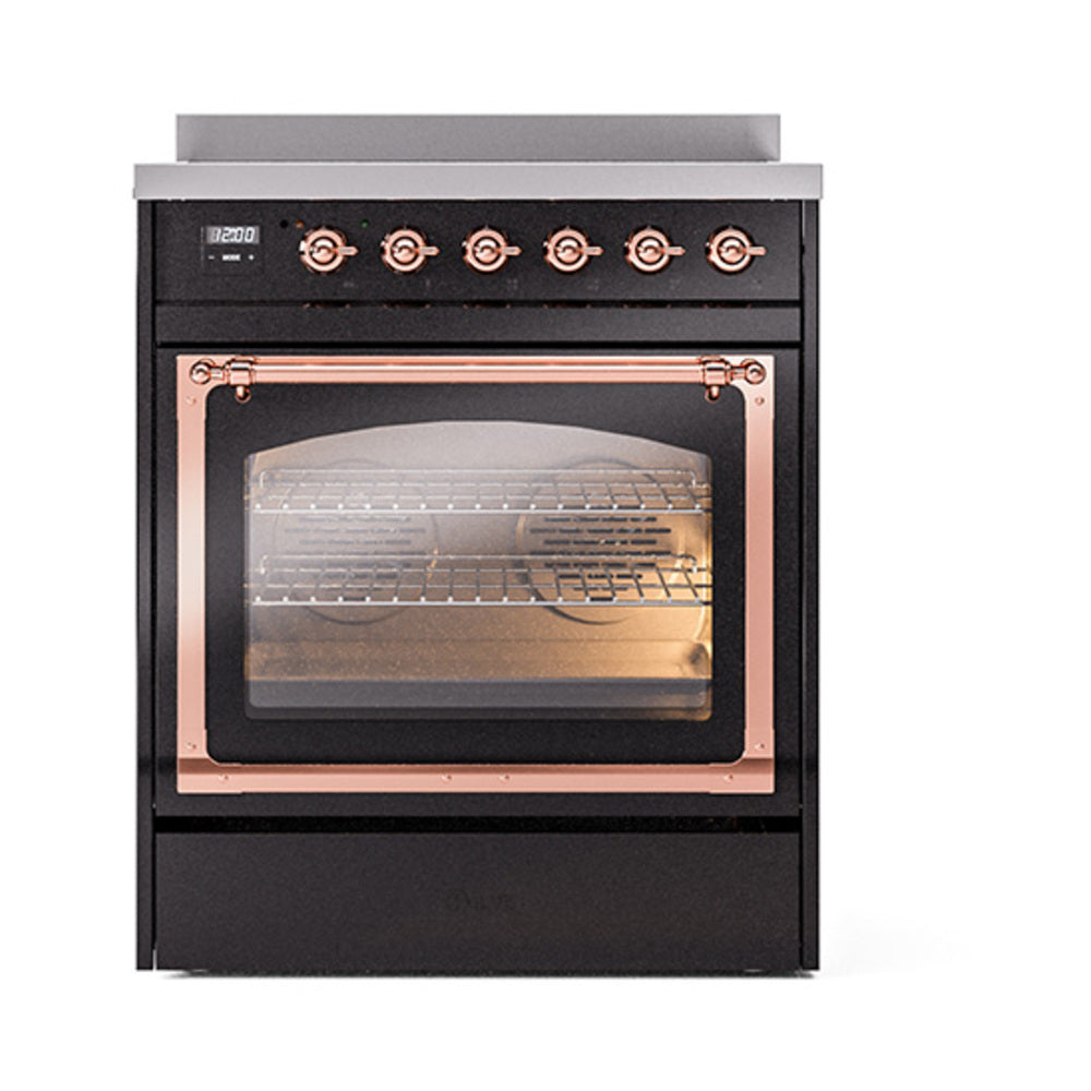 ILVE Nostalgie II Noblesse 30-Inch Induction Range, Triple Glass Door Oven, Glossy Black with Copper Trim (UNI304NMPBKP)